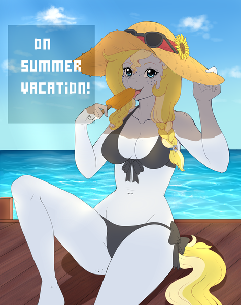 Size: 2196x2775 | Tagged: suggestive, artist:evomanaphy, banned from derpibooru, deleted from derpibooru, derpibooru import, oc, oc:evo, unofficial characters only, anthro, anthro oc, bikini, breasts, clothes, female, food, popsicle, smiling, solo, solo female, swimsuit