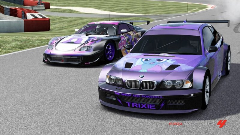 Size: 900x506 | Tagged: safe, banned from derpibooru, deleted from derpibooru, derpibooru import, trixie, twilight sparkle, car, forza motorsport