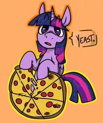 Size: 800x954 | Tagged: safe, artist:67fats, banned from derpibooru, deleted from derpibooru, derpibooru import, twilight sparkle, alicorn, semi-anthro, female, firealpaca, food, looking at you, loss (meme), mare, meat, orange background, pepperoni, pepperoni pizza, pizza, simple background, solo, twilight sparkle (alicorn), wat