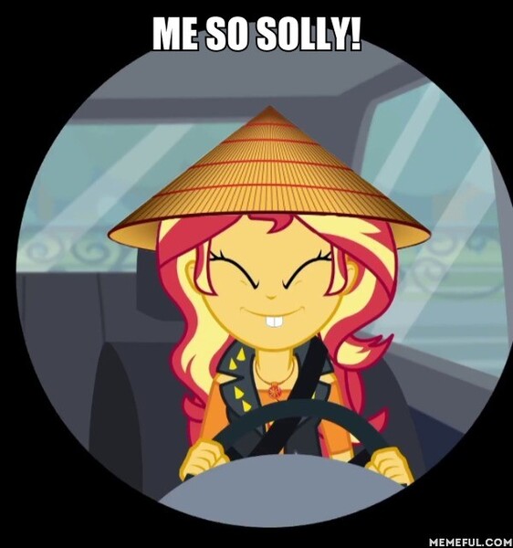 Size: 600x641 | Tagged: safe, banned from derpibooru, deleted from derpibooru, derpibooru import, edit, edited screencap, screencap, sunset shimmer, driving miss shimmer, equestria girls, equestria girls series, bucktooth, caption, conical hat, downvote bait, hat, image macro, meme, racism, text, that's racist, the simpsons