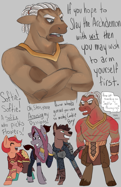 Size: 825x1270 | Tagged: safe, artist:charlie-bad-touch, banned from derpibooru, deleted from derpibooru, derpibooru import, oc, oc:tabris, deer, minotaur, unicorn, armor, clothes, dragon age, dragon age: origins, leliana, morrigan, sten