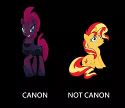 Size: 1804x1556 | Tagged: safe, banned from derpibooru, deleted from derpibooru, derpibooru import, sunset shimmer, tempest shadow, armor, background pony strikes again, black background, broken horn, downvote bait, duo, duo female, female, horn, lies, op is lying, op isn't even trying anymore, op is wrong, sad, scar, simple background, sunsad shimmer
