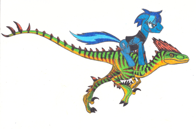 Size: 1985x1309 | Tagged: safe, artist:smcho1014, banned from derpibooru, deleted from derpibooru, derpibooru import, oc, oc:karma, unofficial characters only, dinosaur, pegasus, pony, velociraptor, colored pencil drawing, male, ponies riding dinosaurs, riding, stallion, traditional art
