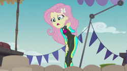 Size: 1280x720 | Tagged: safe, banned from derpibooru, deleted from derpibooru, derpibooru import, screencap, fluttershy, pinkie pie, rainbow dash, rarity, crab, equestria girls, equestria girls series, too hot to handle, animated, clothes, shaved ice, snow cone, sound, swimsuit, webm