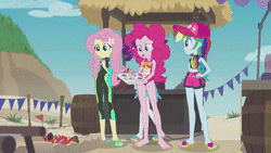 Size: 1280x720 | Tagged: safe, banned from derpibooru, deleted from derpibooru, derpibooru import, screencap, fluttershy, pinkie pie, rainbow dash, rarity, crab, equestria girls, equestria girls series, too hot to handle, animated, barefoot, clothes, feet, sound, swimsuit, webm
