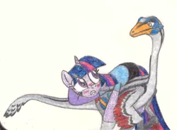 Size: 997x733 | Tagged: safe, artist:smcho1014, banned from derpibooru, deleted from derpibooru, derpibooru import, twilight sparkle, oc, oc:wild sketchy, dinosaur, feathered dinosaur, pony, colored pencil drawing, female, male, mare, ornithomimus, traditional art