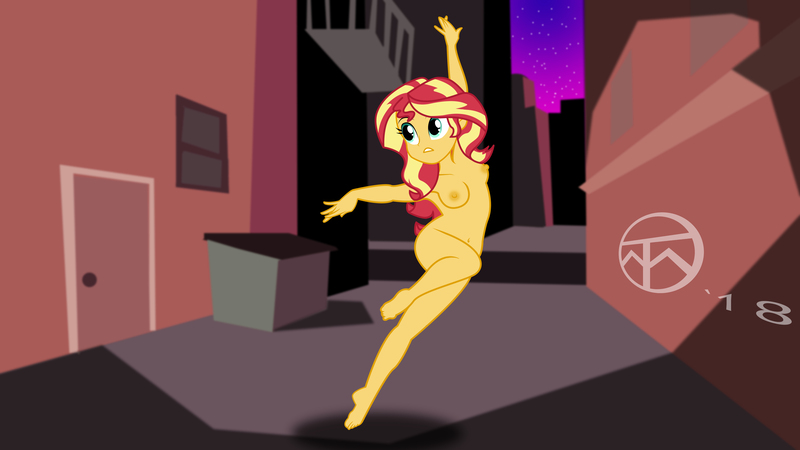 Size: 6830x3840 | Tagged: questionable, alternate version, artist:legendaryspider, banned from derpibooru, deleted from derpibooru, derpibooru import, sunset shimmer, equestria girls, alley, alleyway, armpits, barefoot, breasts, city, cityscape, commission, feet, female, nipples, nudity, solo, solo female