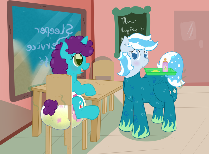 Size: 2566x1894 | Tagged: questionable, artist:vitriolink, banned from derpibooru, deleted from derpibooru, derpibooru import, oc, oc:snow frost, oc:vitriol ink, unofficial characters only, abdl, adult foal, baby bottle, cafe, chair, cute, diaper, diaper fetish, fetish, menu, messy diaper, poofy diaper, poopy diaper, restaurant, story in the source, table, tray, waitress, wet diaper, window