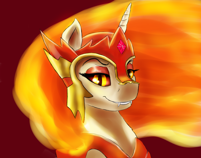 Size: 3300x2600 | Tagged: safe, artist:dukevonkessel, banned from derpibooru, deleted from derpibooru, derpibooru import, daybreaker, pony, bust, female, horn, lidded eyes, looking at you, mare, portrait, smiling, solo