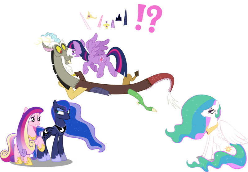 Size: 3247x2260 | Tagged: safe, artist:90sigma, artist:decprincess, artist:sollace, artist:theartsyemporium, artist:zidanemina, banned from derpibooru, deleted from derpibooru, derpibooru import, editor:slayerbvc, discord, princess cadance, princess celestia, princess luna, twilight sparkle, alicorn, draconequus, pegasus, alicorn tetrarchy, angry, celestia is not amused, crown, female, flying, grin, hoof shoes, horn, jewelry, looking back, luna is not amused, male, mare, missing accessory, missing horn, peytral, pictogram, race swap, regalia, simple background, smiling, speech bubble, transparent background, twilight sparkle (alicorn), unamused, vector