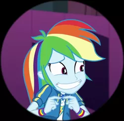 Size: 889x865 | Tagged: safe, banned from derpibooru, deleted from derpibooru, derpibooru import, screencap, rainbow dash, constructive criticism, equestria girls, equestria girls series, clothes, constructive criticism: rainbow dash, cropped, cute, dashabetes, geode of super speed, grin, magical geodes, nervous, nervous grin, shirt, simple background, smiling, sweatshirt, t-shirt, wristband