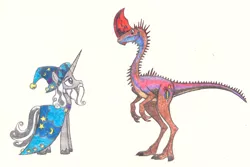 Size: 2000x1336 | Tagged: safe, artist:smcho1014, banned from derpibooru, deleted from derpibooru, derpibooru import, star swirl the bearded, oc, oc:wild sketchy, dinosaur, pony, unicorn, colored pencil drawing, duo, hat, hybrid dinosaur, male, monomimus, robes, stallion, traditional art, wizard hat