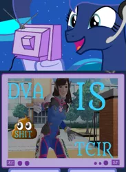 Size: 687x938 | Tagged: safe, banned from derpibooru, deleted from derpibooru, derpibooru import, princess luna, gamer luna, d.va, d.va (overwatch), emoji, meme, overwatch, shitposting, text, vulgar