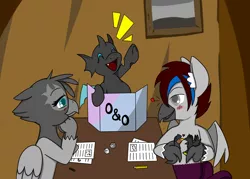 Size: 1400x1000 | Tagged: safe, artist:taletrotter, banned from derpibooru, deleted from derpibooru, derpibooru import, oc, oc:lucas, oc:qor, oc:rivvy, changeling, gryphon, hippogriff, fallout equestria, child, dice, dm screen, dungeons and dragons, family, female, filly, love, male, ogres and oubliettes, pen and paper rpg, rpg, tabletop, tabletop game
