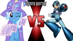 Size: 750x421 | Tagged: safe, banned from derpibooru, deleted from derpibooru, derpibooru import, edit, editor:mega-poneo, trixie, arm cannon, cape, card, clothes, crossover, death battle, exploitable meme, hat, magic, magician outfit, megaman, megaman x, meme, one eye closed, smiling, trixie's cape, trixie's hat, wink, x buster