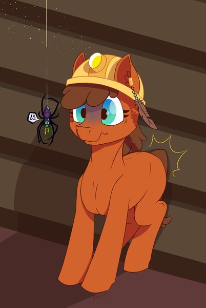 Size: 1890x2820 | Tagged: safe, artist:afterrain, banned from derpibooru, deleted from derpibooru, derpibooru import, oc, oc:feldspar, unofficial characters only, earth pony, pony, spider, :3, arachnophobia, bump, ear piercing, earring, female, hard hat, helmet, jewelry, mare, mining helmet, piercing, scared, solo, wavy mouth