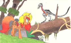 Size: 2381x1431 | Tagged: safe, artist:smcho1014, banned from derpibooru, deleted from derpibooru, derpibooru import, oc, oc:ashley bear, oc:wild sketchy, unofficial characters only, alicorn, dinosaur, pony, alicorn oc, colored pencil drawing, duo, female, forest, horn, mare, traditional art, troodon, wings