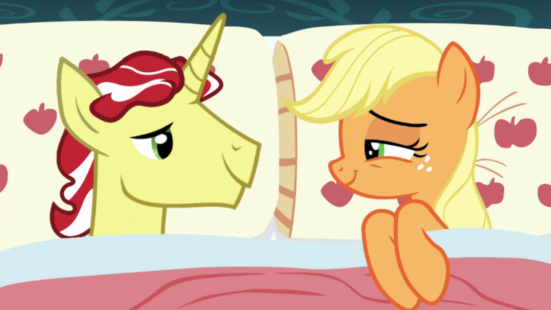 Size: 996x562 | Tagged: safe, artist:purplewonderpower, banned from derpibooru, deleted from derpibooru, derpibooru import, edit, edited screencap, screencap, applejack, flim, 28 pranks later, applejack's bed partner, exploitable meme, female, flimjack, male, meme, shipping, straight