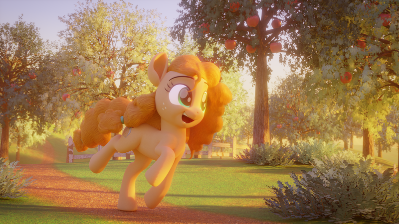 Size: 3840x2160 | Tagged: safe, artist:discorded, artist:therealdjthed, banned from derpibooru, deleted from derpibooru, derpibooru import, pear butter, earth pony, pony, 3d, 3d model, beautiful, blender, cute, cycles, cycles render, female, looking away, mare, model:djthed, open mouth, outdoors, patreon, patreon logo, pearabetes, running, scenery, smiling, solo, stray strand, tree