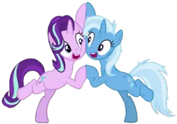 Size: 643x450 | Tagged: safe, banned from derpibooru, deleted from derpibooru, derpibooru import, edit, edited screencap, editor:i-mlp2020, screencap, starlight glimmer, trixie, pony, unicorn, road to friendship, background removed, cheek to cheek, duo, female, mare, messy mane, not a vector, simple background, smiling, transparent background