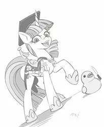 Size: 1280x1559 | Tagged: safe, artist:ponykillerx, banned from derpibooru, deleted from derpibooru, derpibooru import, twilight sparkle, bird, duck, pony, unicorn, female, graduation cap, grayscale, hat, hoof shoes, knife, looking at you, mare, monochrome, raised hoof, rubber duck, saddle, simple background, solo, tack, unicorn twilight, white background