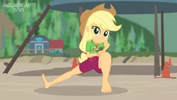 Size: 3999x2249 | Tagged: safe, alternate version, artist:metalhead97, banned from derpibooru, deleted from derpibooru, derpibooru import, applejack, equestria girls, equestria girls series, turf war, barefoot, beach, clothes, feet, fetish, foot fetish, offscreen character, pov, shorts, show accurate, smiling, solo, spoiler, stretching, toes