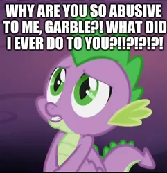 Size: 556x576 | Tagged: safe, banned from derpibooru, deleted from derpibooru, derpibooru import, edit, edited screencap, screencap, garble, spike, dragon, father knows beast, abuse, caption, image macro, meme, sad, spikeabuse, text, winged spike