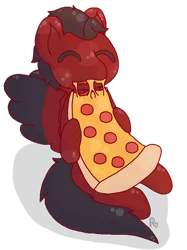 Size: 800x1067 | Tagged: safe, artist:pastelrose25, banned from derpibooru, deleted from derpibooru, derpibooru import, oc, demon, demon pony, original species, blushing, cheese, commission, cute, eating, food, happy, meat, pepperoni, pepperoni pizza, pizza, simple background, solo, transparent background