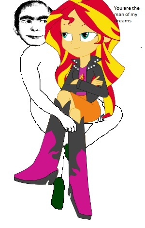 Size: 300x470 | Tagged: suggestive, banned from derpibooru, deleted from derpibooru, derpibooru import, sunset shimmer, equestria girls, boots, clothes, looking at each other, meme, nudity, shoes, sitting, smiling, text, this man, wat