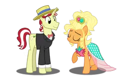 Size: 1300x785 | Tagged: safe, artist:purplewonderpower, banned from derpibooru, deleted from derpibooru, derpibooru import, applejack, flim, clothes, dress, female, flimjack, male, shipping, simple background, straight, suit, transparent background