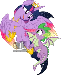 Size: 3000x3709 | Tagged: safe, artist:celestial-rainstorm, artist:theartsyemporium, banned from derpibooru, deleted from derpibooru, derpibooru import, spike, twilight sparkle, twilight sparkle (alicorn), alicorn, dragon, pony, female, flying, male, mare, new crown, simple background, transparent background, watermark, winged spike