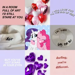 Size: 1200x1200 | Tagged: safe, artist:aesthetics2spare, banned from derpibooru, deleted from derpibooru, derpibooru import, pinkie pie, rarity, earth pony, pony, unicorn, eyes closed, female, lesbian, mare, moodboard, raripie, shipping, smiling