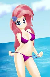 Size: 3045x4667 | Tagged: suggestive, artist:rainbownspeedash, banned from derpibooru, deleted from derpibooru, derpibooru import, oc, oc:aureai, unofficial characters only, equestria girls, beach, bikini, blushing, clothes, cloud, commission, female, flower, flower in hair, solo, solo female, swimsuit, water