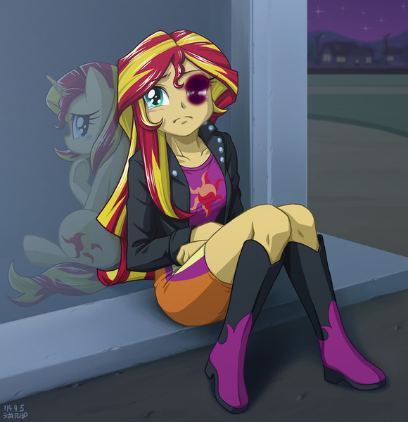 Size: 870x900 | Tagged: semi-grimdark, artist:uotapo, banned from derpibooru, deleted from derpibooru, derpibooru import, edit, sunset shimmer, equestria girls, 1000 hours in ms paint, abuse, abuse edit, background pony strikes again, black eye, breasts, eqg abuse edits, sad, shimmerbuse, sunsad shimmer
