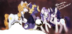 Size: 1296x616 | Tagged: safe, artist:bonniethefox, banned from derpibooru, deleted from derpibooru, derpibooru import, prince blueblood, rarity, oc, oc:arctic panorama, oc:midnight solstice, unicorn, alternate hairstyle, clever censorship, clothes, family, family photo, female, glasses, group, group shot, jewelry, male, moonyverse, offspring, parent:prince blueblood, parent:rarity, parents:rariblood, rariblood, ring, shipping, straight, suit, unshorn fetlocks