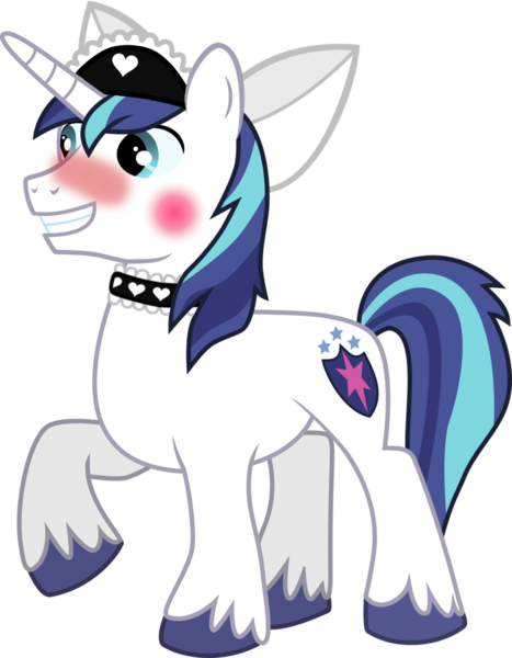 Size: 837x1075 | Tagged: safe, banned from derpibooru, deleted from derpibooru, derpibooru import, edit, editor:feathertrap, vector edit, shining armor, pony, unicorn, 1000 hours in gimp, blushing, bow, choker, clothes, crossdressing, embarrassed, femboy, hair bow, headdress, image, maid, makeup, male, png, shining femboy armor, simple background, solo, stallion, transparent background, vector