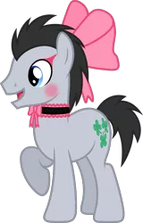 Size: 2023x3155 | Tagged: safe, artist:dashiesparkle, banned from derpibooru, deleted from derpibooru, derpibooru import, edit, editor:feathertrap, vector edit, lucky clover, earth pony, pony, blushing, bow, choker, clothes, crossdressing, femboy, hair bow, maid, makeup, male, simple background, sissy, sissyfication, solo, stallion, transparent background, vector