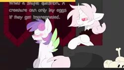 Size: 3500x1992 | Tagged: safe, artist:scarletverse, artist:taaffeiite, banned from derpibooru, deleted from derpibooru, derpibooru import, oc, oc:lavender belle, oc:scarlet starlight, unofficial characters only, pegasus, pony, unicorn, bone, cloak, clothes, dialogue, female, implied oviposition, mare, parent:cyberia starlight, parent:sakura starlight, scarletverse, simple background, skull, spread wings, wingboner, wings