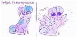 Size: 962x466 | Tagged: suggestive, artist:hiccupsdoesart, banned from derpibooru, deleted from derpibooru, derpibooru import, edit, twilight sparkle, twilight sparkle (alicorn), alicorn, pony, behaving like a bird, chest fluff, cute, fluffy, mating season, poof, simple background, spread wings, twiabetes, wingboner, wings