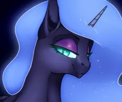 Size: 1017x852 | Tagged: safe, alternate version, artist:mercurial64, banned from derpibooru, deleted from derpibooru, derpibooru import, nightmare moon, alicorn, pony, cropcon, cropped, evil, eyeshadow, female, makeup, mare, slit eyes, smiling, smirk, solo