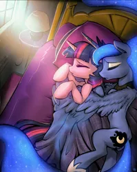 Size: 1080x1354 | Tagged: safe, artist:fidzfox, banned from derpibooru, deleted from derpibooru, derpibooru import, edit, editor:apex soundwave, princess luna, twilight sparkle, alicorn, pony, crying, cuddling, ethereal mane, female, hoof shoes, hug, lesbian, mare, shipping, sleeping, snuggling, starry mane, twiluna, winghug