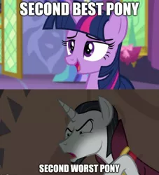 Size: 500x551 | Tagged: safe, banned from derpibooru, deleted from derpibooru, derpibooru import, edit, edited screencap, screencap, chancellor neighsay, twilight sparkle, pony, no second prances, school daze, caption, image macro, opinion, text