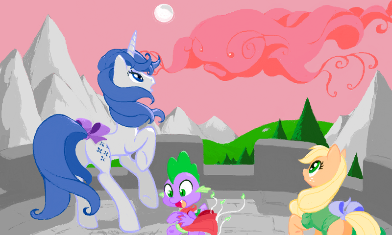 Size: 801x481 | Tagged: safe, artist:callmedoc, banned from derpibooru, deleted from derpibooru, derpibooru import, applejack (g1), majesty, spike (g1), dragon, earth pony, pony, unicorn, battlements, bow, butt, dream castle, female, flockmod, g1, g1 to g4, generation leap, hiding, looking at something, male, mare, plot, pony land in danger, red, red beings, red cloud, scene interpretation, tail bow