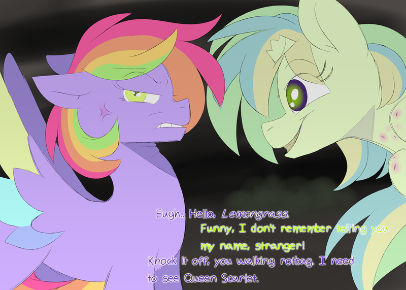 Size: 1400x1000 | Tagged: safe, artist:scarletverse, artist:taaffeiite, banned from derpibooru, deleted from derpibooru, derpibooru import, oc, oc:aurora borealis, oc:lemongrass, unofficial characters only, pegasus, pony, unicorn, comic:once upon a time, broken horn, colored wings, cross-popping veins, dialogue, duo, female, horn, mare, multicolored hair, rainbow hair, scarletverse, simple background, wings