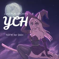 Size: 1200x1200 | Tagged: safe, artist:lunarlacepony, banned from derpibooru, deleted from derpibooru, derpibooru import, oc, anthro, ass, auction, breasts, broom, butt, clothes, cloud, commission, dress, flying, flying broomstick, full moon, halloween, holiday, moon, night, promotion, reminder, sky, solo, witch, your character here
