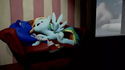 Size: 1200x675 | Tagged: safe, artist:supersonicbros23, banned from derpibooru, deleted from derpibooru, derpibooru import, rainbow dash, 3d, couch, crossover, crossover shipping, female, interspecies, kissing, male, shipping, sonicdash, sonic the hedgehog, sonic the hedgehog (series), source filmmaker, spread wings, straight, wingboner, wings