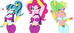 Size: 3759x1721 | Tagged: suggestive, artist:cbear624, banned from derpibooru, deleted from derpibooru, derpibooru import, edit, lemon zest, pinkie pie, sonata dusk, genie, equestria girls, friendship games, alternate hairstyle, armpits, belly button, belly dancer, big breasts, bra, breasts, busty lemon zest, busty pinkie pie, busty sonata dusk, clothes, cosplay, costume, crossover, curvy, eyes closed, eyeshadow, female, heart, makeup, midriff, one eye closed, shantae, simple background, smiling, thighs, trio, trio female, underwear, white background, wide hips, wink