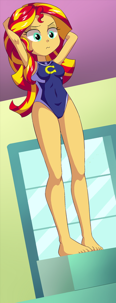 Size: 388x1008 | Tagged: source needed, safe, artist:bbmbbf, banned from derpibooru, deleted from derpibooru, derpibooru import, sunset shimmer, comic:physical education, equestria untamed, equestria girls, arm behind head, barefoot, clothes, feet, image, one-piece swimsuit, palcomix, png, school swimsuit, solo, swimsuit, window