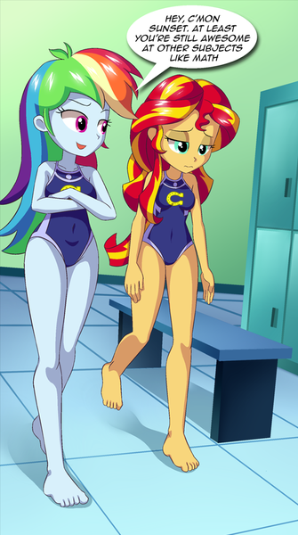 Size: 520x932 | Tagged: source needed, safe, artist:bbmbbf, banned from derpibooru, deleted from derpibooru, derpibooru import, rainbow dash, sunset shimmer, comic:physical education, equestria untamed, equestria girls, barefoot, clothes, feet, image, one-piece swimsuit, palcomix, png, school swimsuit, swimsuit