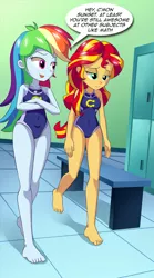 Size: 520x932 | Tagged: source needed, safe, artist:bbmbbf, banned from derpibooru, deleted from derpibooru, derpibooru import, rainbow dash, sunset shimmer, comic:physical education, equestria untamed, equestria girls, barefoot, clothes, feet, image, one-piece swimsuit, palcomix, png, school swimsuit, swimsuit